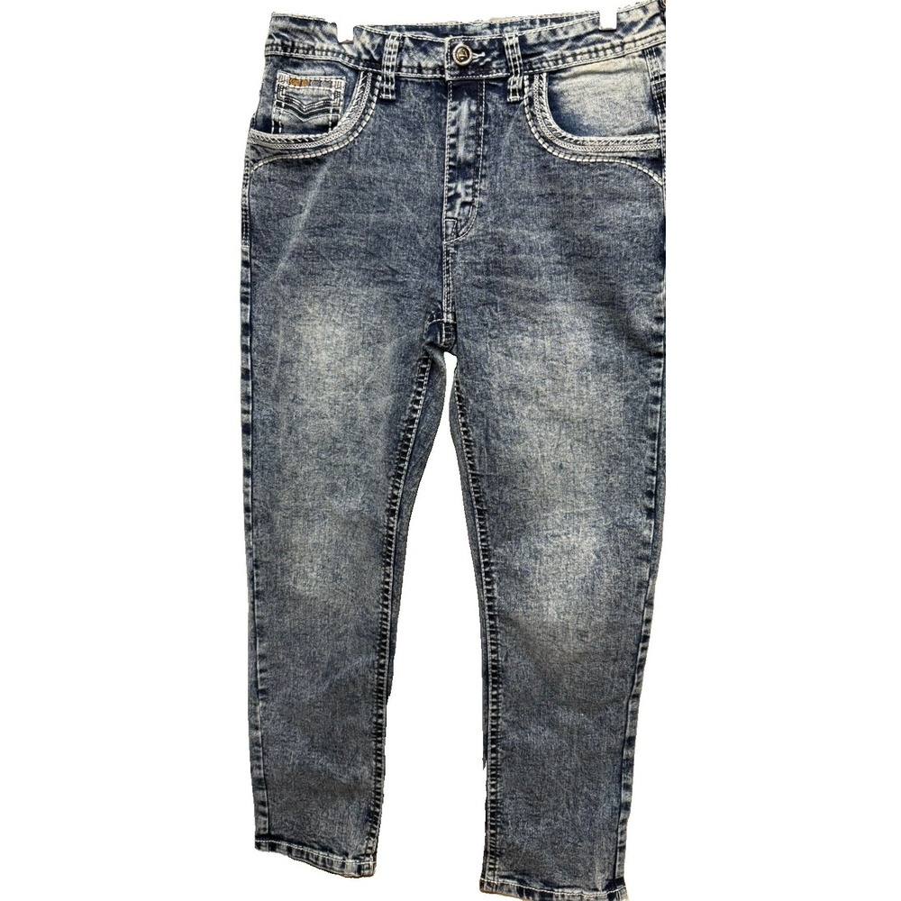 ESDVQ Mens Western Blue Jeans M (33X30 )Med Wash Thick Stitch Embroidered Y2K